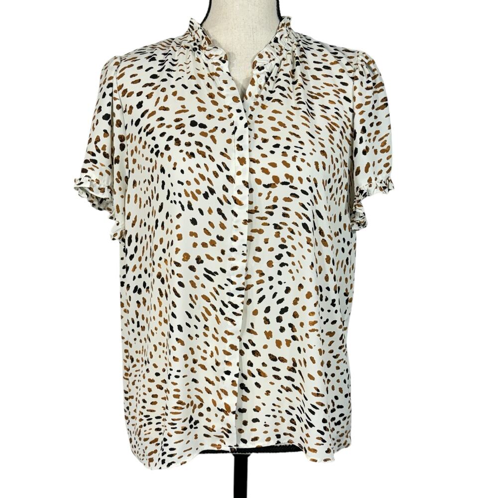 T Tahari Large Top Leopard Print Button-Up Short Sleeve Lightweight Ruffled Neck